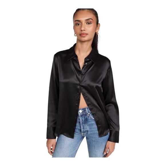 Reformation Quiet Luxury Women's size XL Black 100% Silk Button Up Old Money Top - Picture 1 of 16